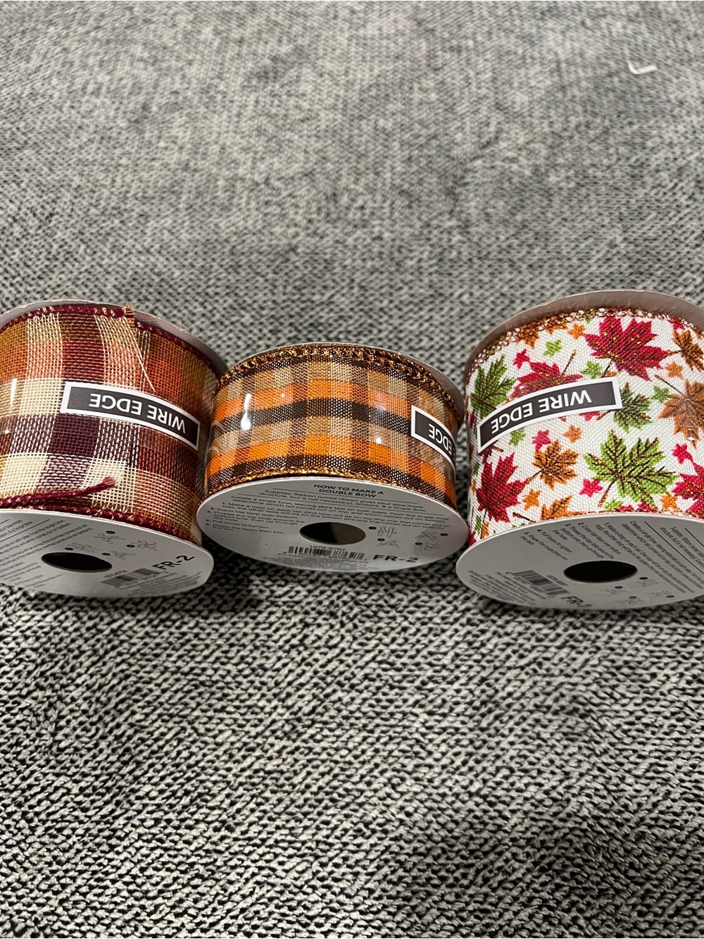 Autumn Plaid & Leaf Decorative Ribbon Trio - Orange, Burgundy, White